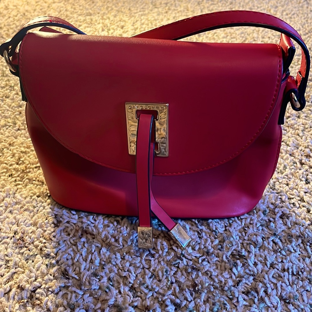David Jones Cross Body Purse Matte Red Leather with Gold Hardware